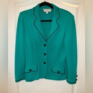 ST. JOHN 2-Piece Pantsuit, 6, Knit, Dark Aqua w/ Black Trim on Jacket—EUC!!